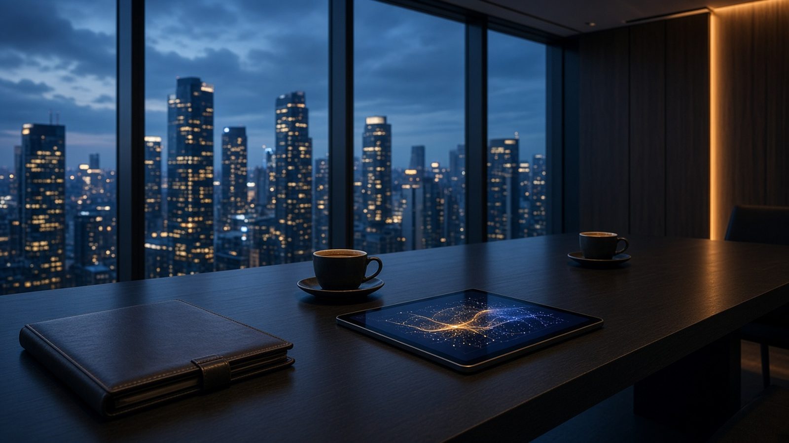 A boardroom table overlooking a financial district at dusk, prepared for an investor meeting